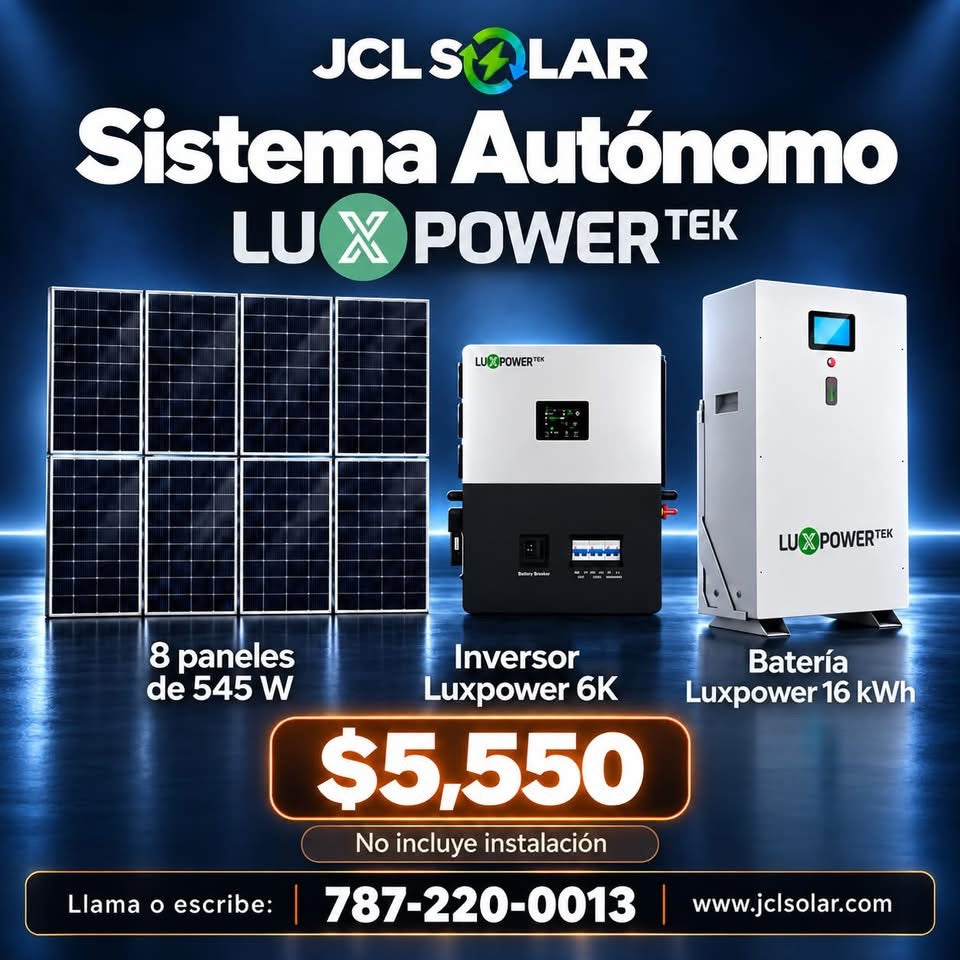 Paquete autónomo Luxpower de 8 paneles, inversor 6K y batería de 16 kWh sin instalación