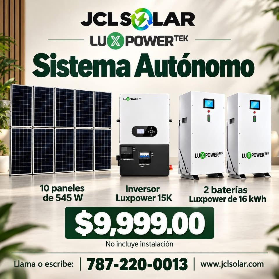 Sistema autónomo Luxpower: 10 paneles de 545 W, inversor 15K y 2 baterías de 16 kWh por $9,999.00 sin instalación.