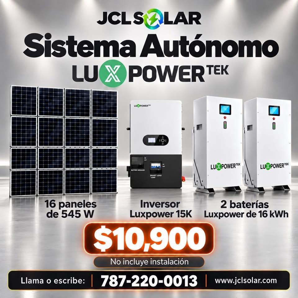 Sistema autónomo Luxpower, 16 paneles de 545 W, inversor 15K y 2 baterías de 16 kWh. $10,900 sin instalación.
