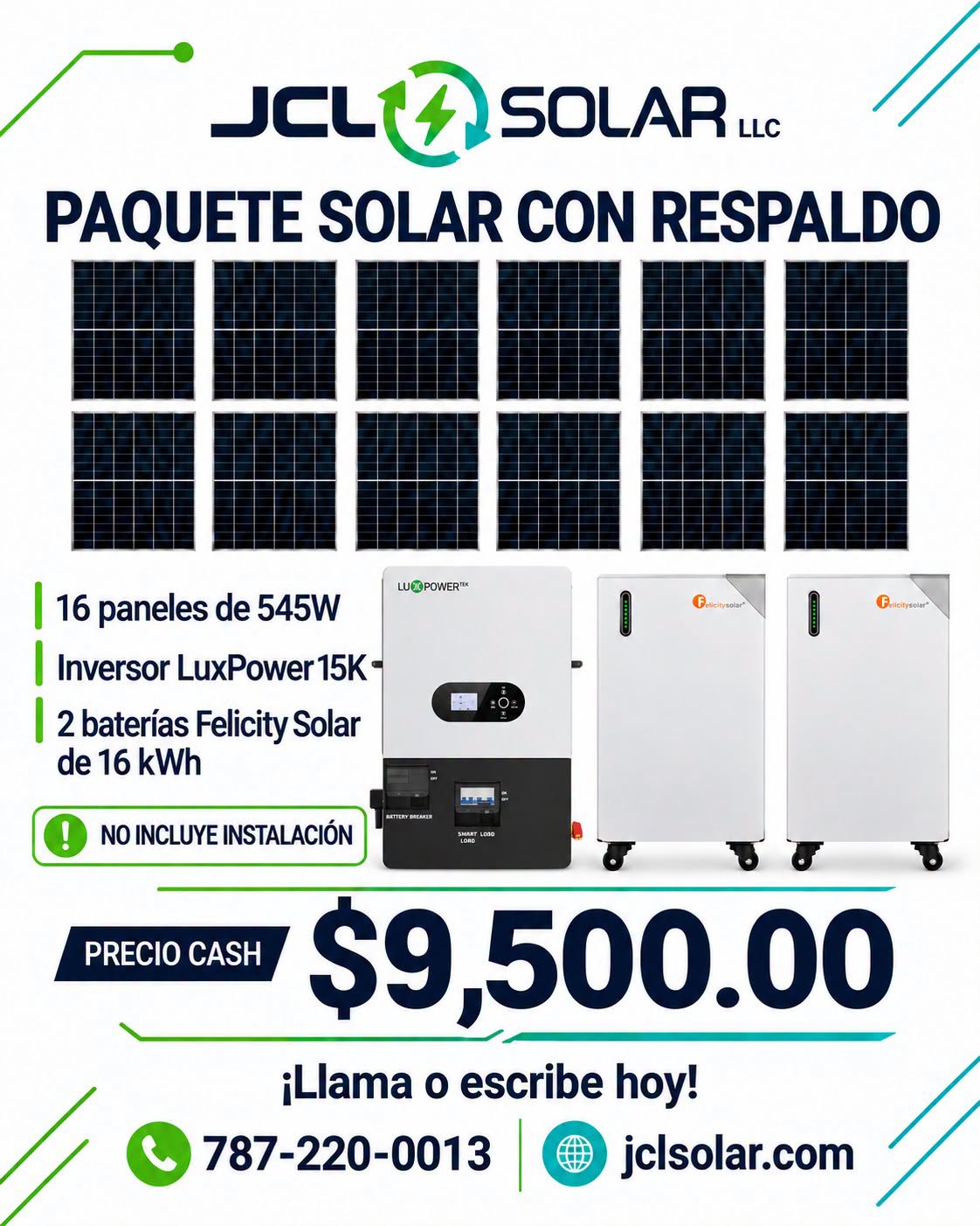 Paquete solar JCL Solar: 16 paneles 545W, inversor LuxPower 15K y dos baterías Felicity de 16 kWh. Sin instalación.