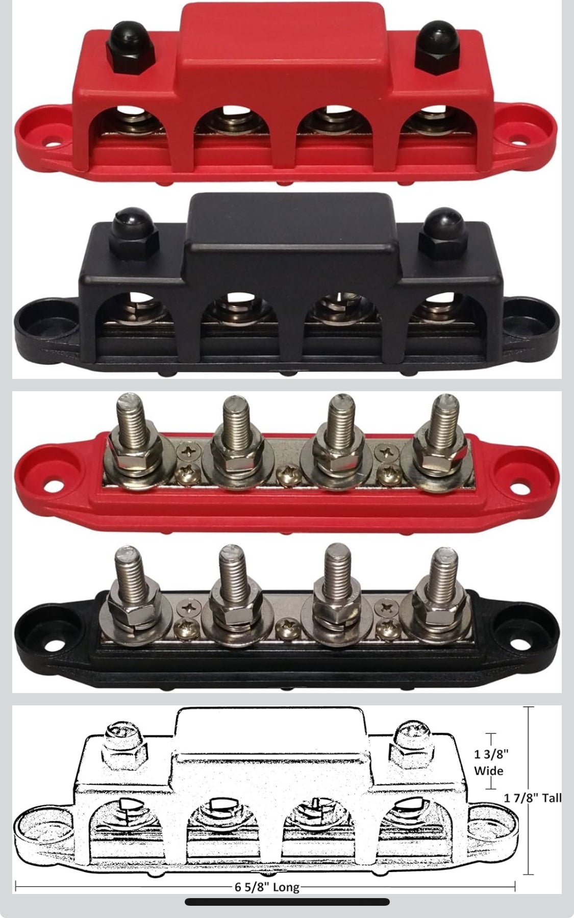 Rojo y Negro) Bloque de distribución de energía de barra de bus de 4 pernos de 5/16 pulgadas, fabricado en los Estados Unidos, para terminales de batería marina, bloques de distribución de energía